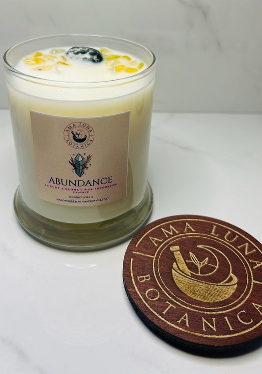 Hand-poured | Coconut Wax | 10 oz | Crystal-Infused Abundance Intention Candle