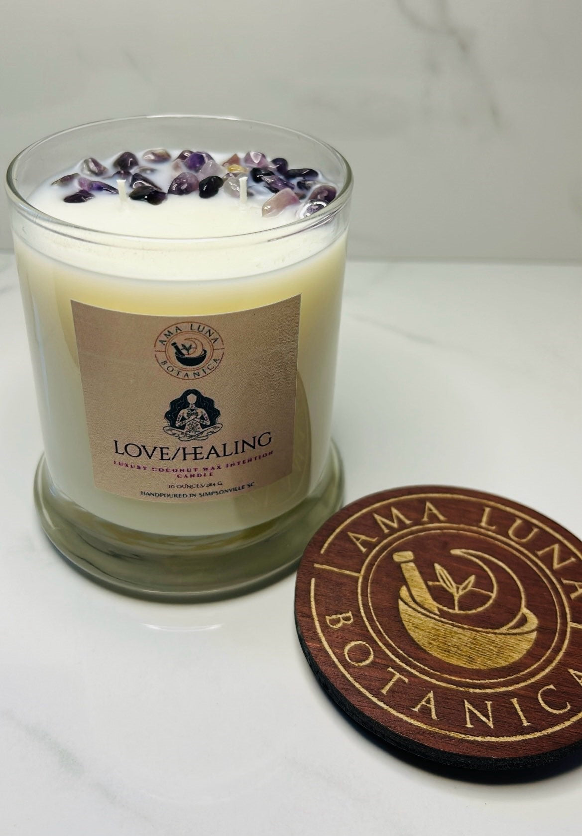Hand-poured | Coconut Wax | 10 oz | Crystal-Infused Love/Healing Intention Candle